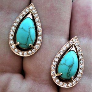 Vintage Soviet USSR 14K Rose Pink Gold Turquoise Diamond Cluster Halo Earrings